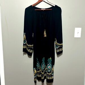Kate & Sam Boho Dress, Embroidered, 3/4 Sleeves, Knee Length, Tassels, Large